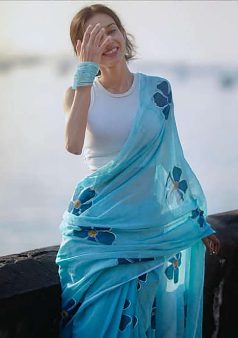 Sky Blue Floral Print Linen Saree Set - Indya