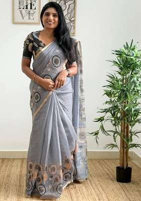 Lavender Grey Floral Print Linen Saree Set
