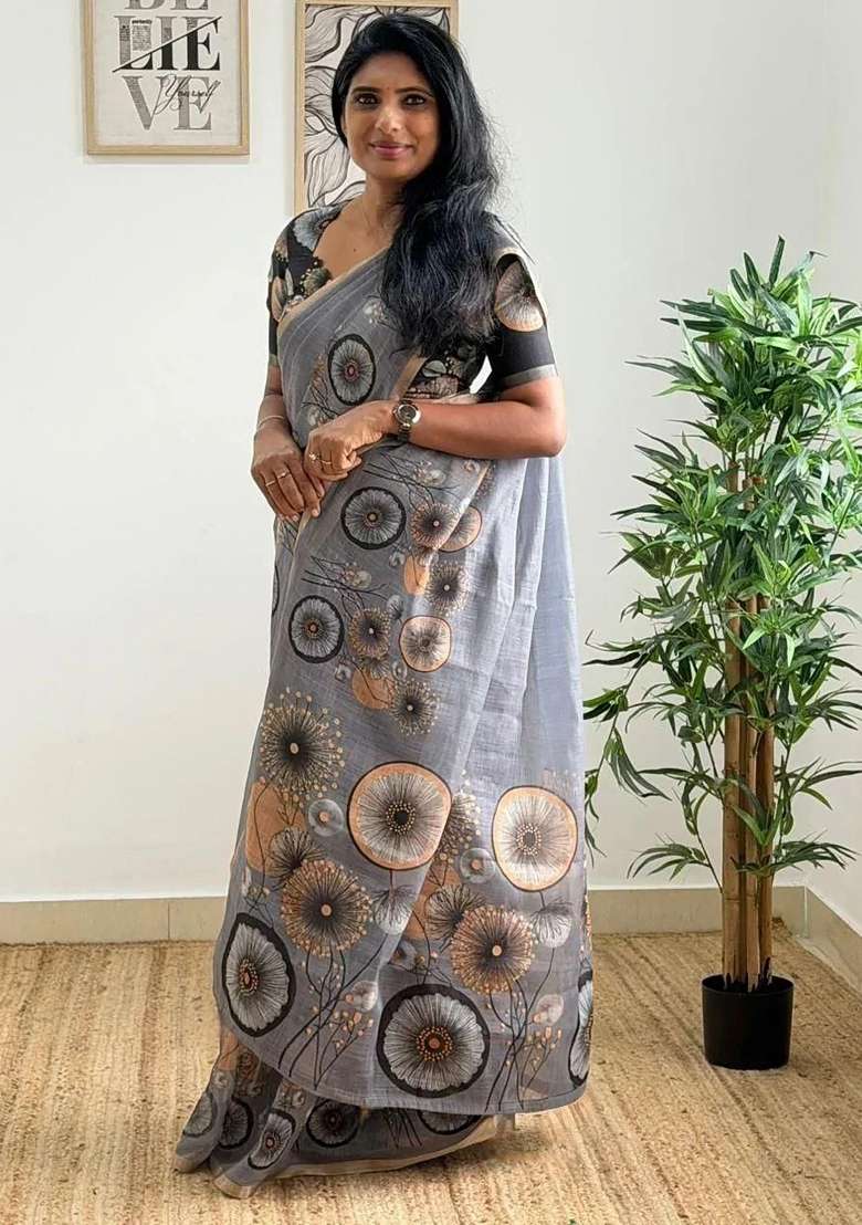 Lavender Grey Floral Print Linen Saree Set - Indya