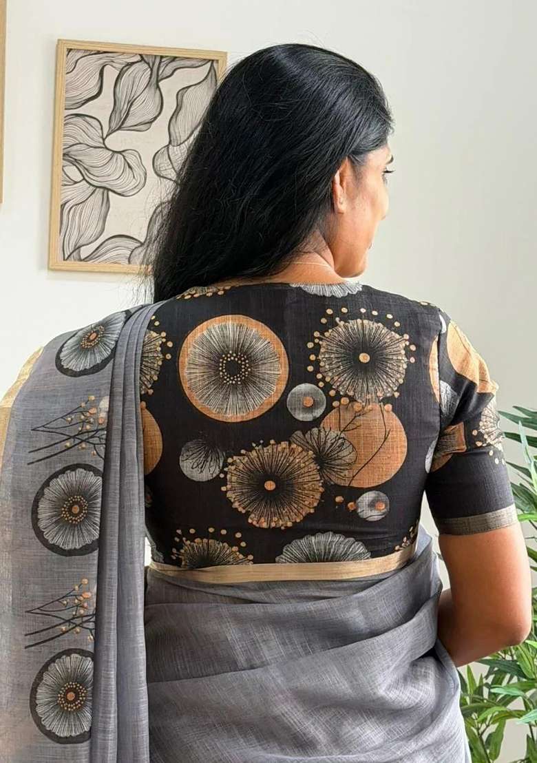 Lavender Grey Floral Print Linen Saree Set - Indya