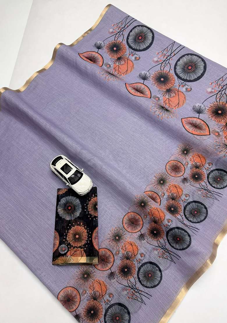 Lavender Grey Floral Print Linen Saree Set - Indya