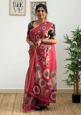 Pink Floral Print Linen Saree Set