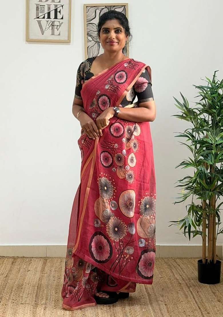 Pink Floral Print Linen Saree Set - Indya