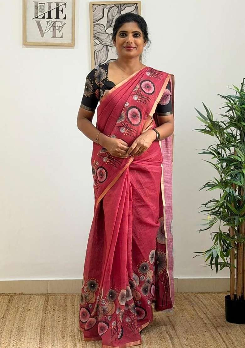 Pink Floral Print Linen Saree Set - Indya