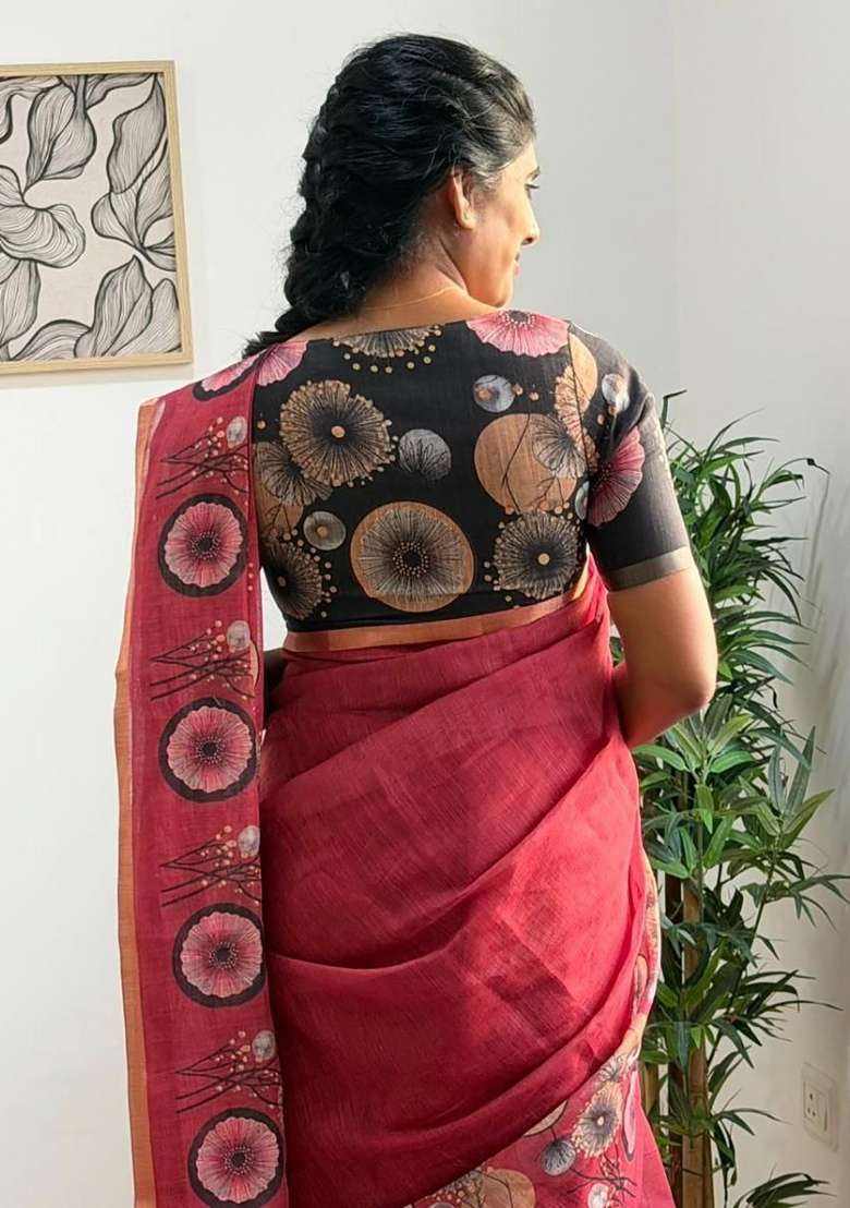 Pink Floral Print Linen Saree Set - Indya