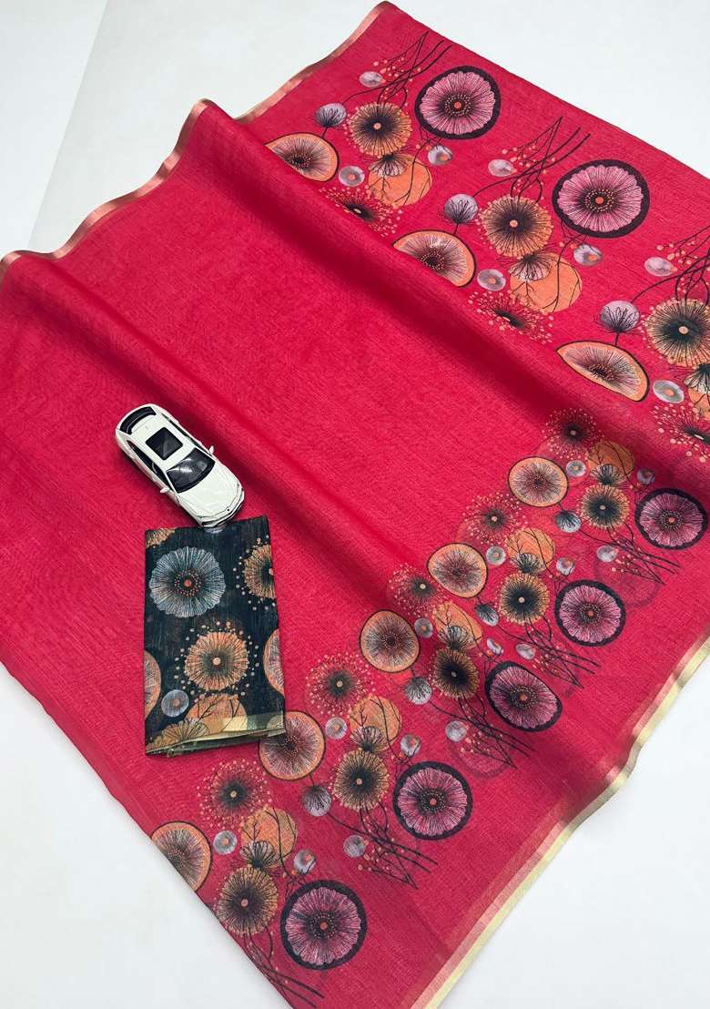 Pink Floral Print Linen Saree Set - Indya