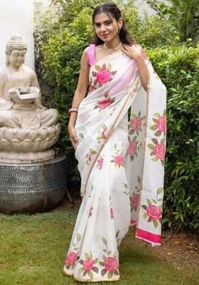 White Floral Print Linen Saree Set