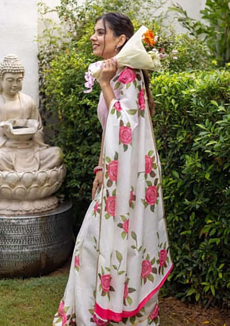 White Floral Print Linen Saree Set - Indya