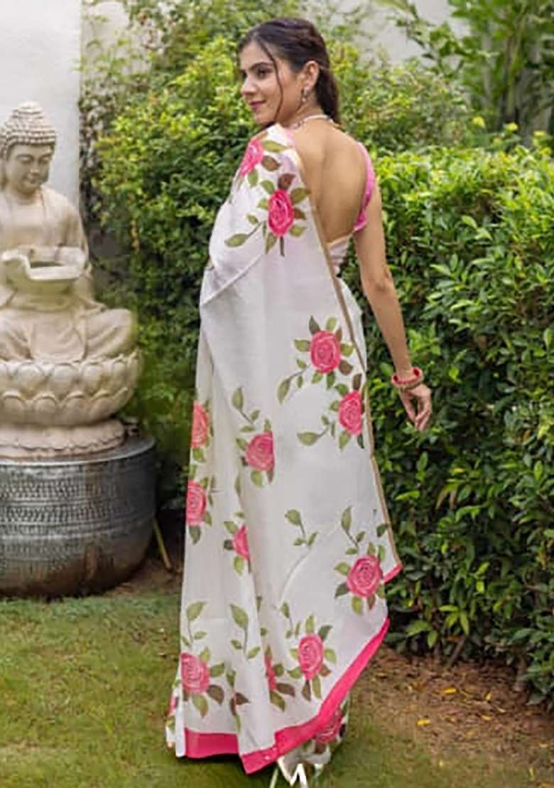 White Floral Print Linen Saree Set - Indya
