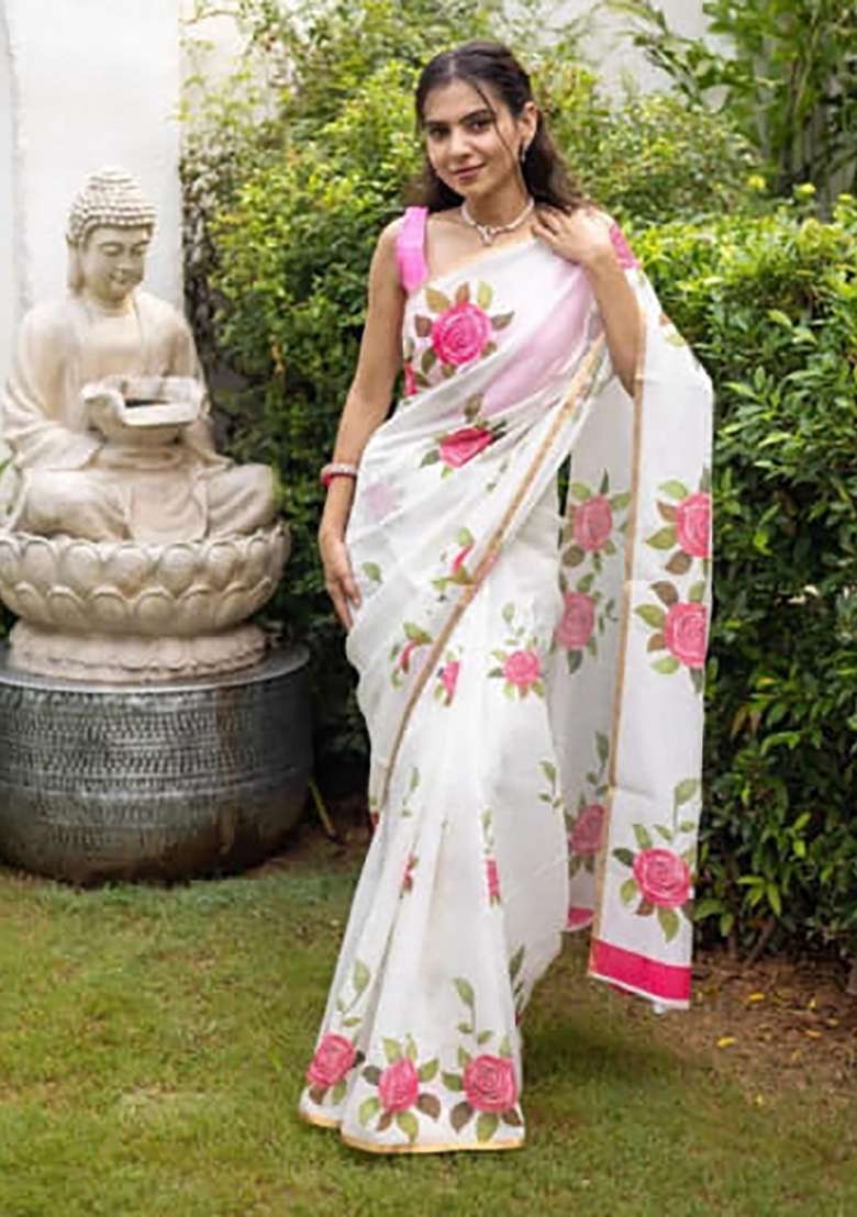 White Floral Print Linen Saree Set - Indya