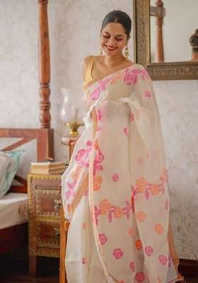 White Floral Print Linen Saree Set