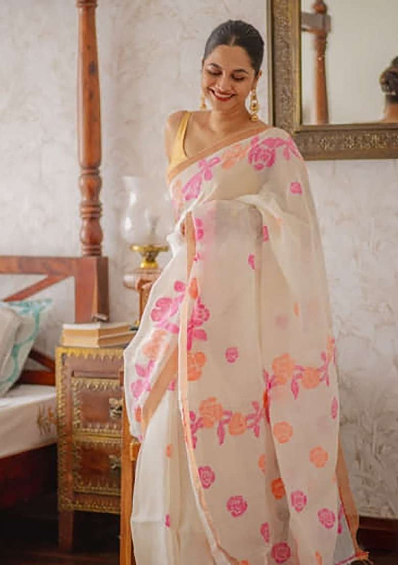 White Floral Print Linen Saree Set - Indya
