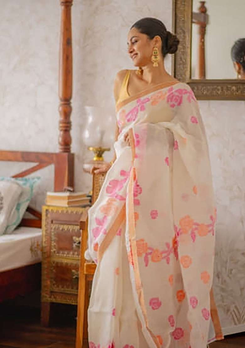 White Floral Print Linen Saree Set - Indya