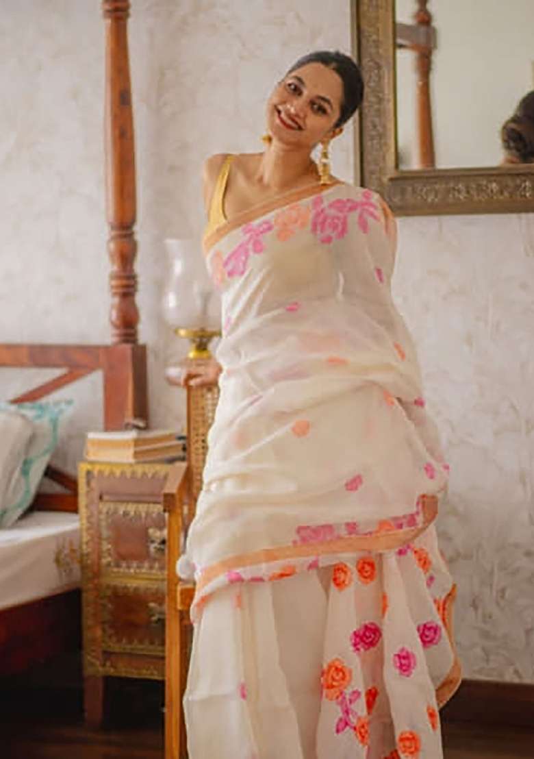 White Floral Print Linen Saree Set - Indya
