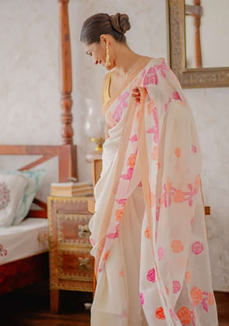 White Floral Print Linen Saree Set - Indya