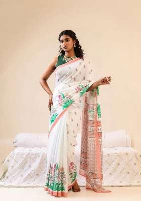 White Floral Print Linen Saree Set