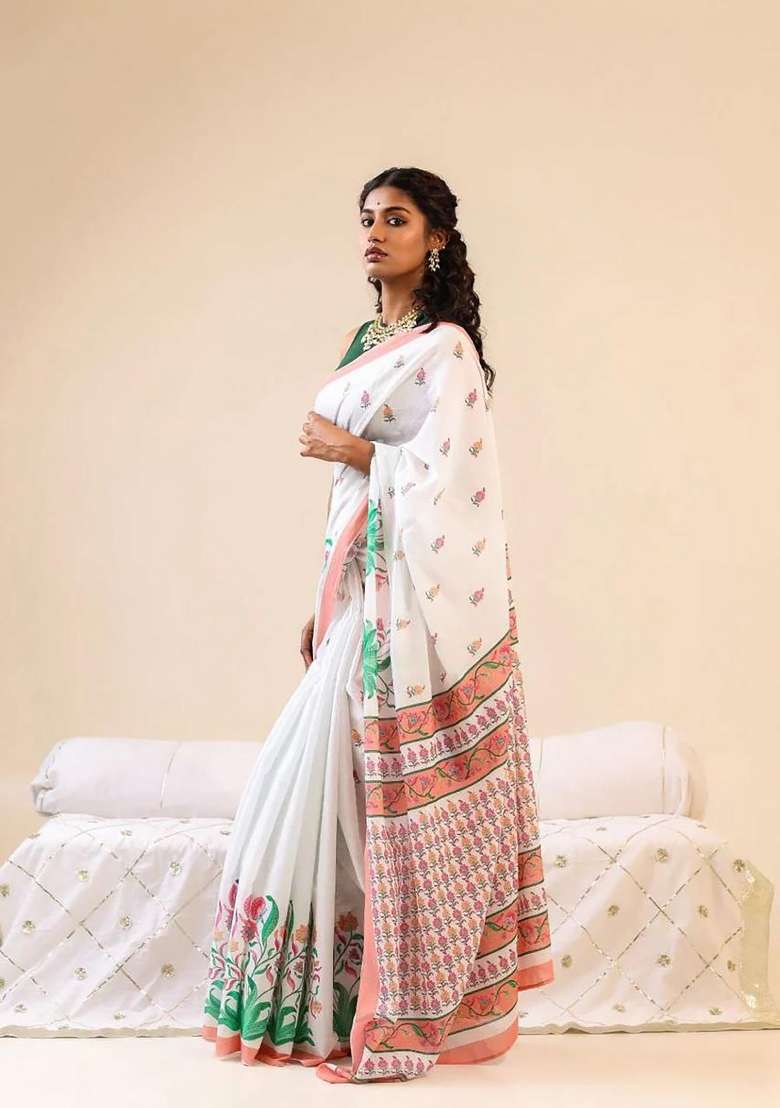 White Floral Print Linen Saree Set - Indya