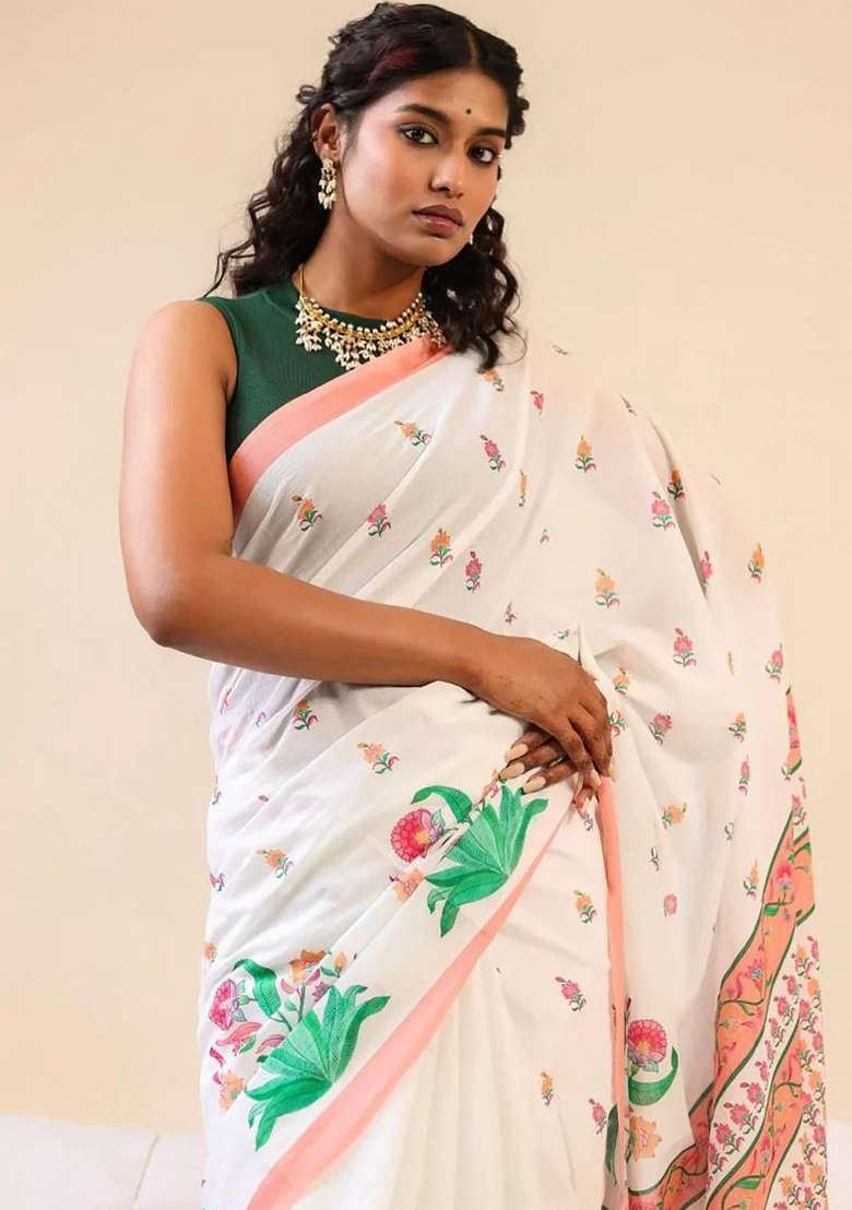 White Floral Print Linen Saree Set - Indya