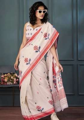 Beige Butta Work Linen Saree Set