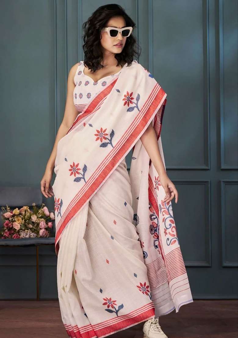 Beige Butta Work Linen Saree Set - Indya