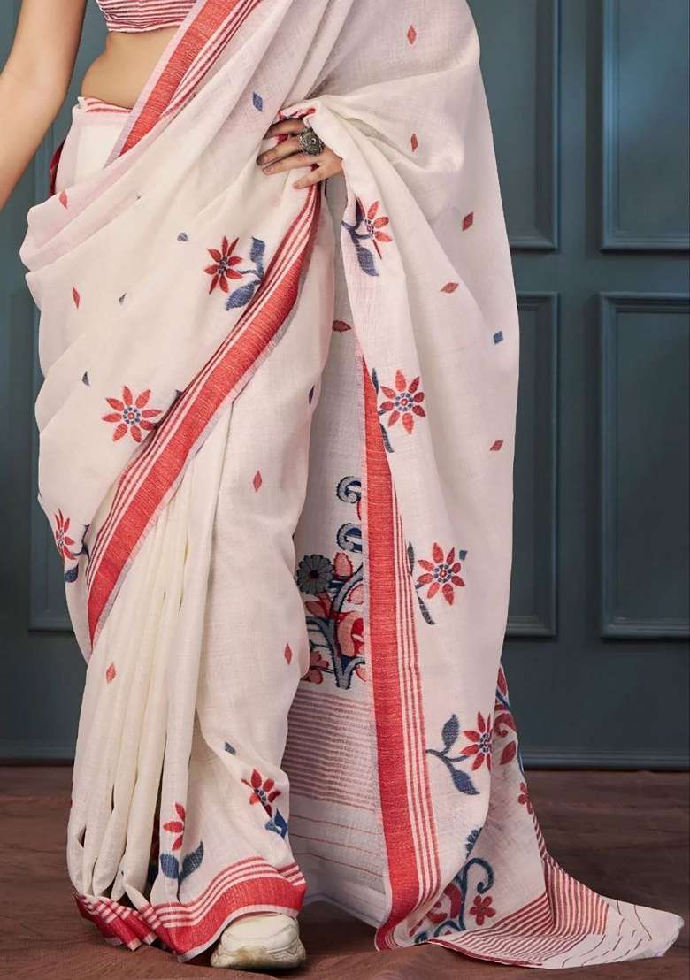 Beige Butta Work Linen Saree Set - Indya