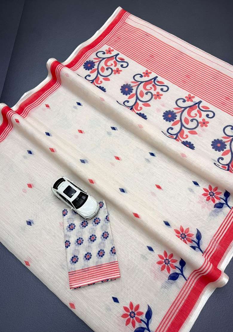 Beige Butta Work Linen Saree Set - Indya