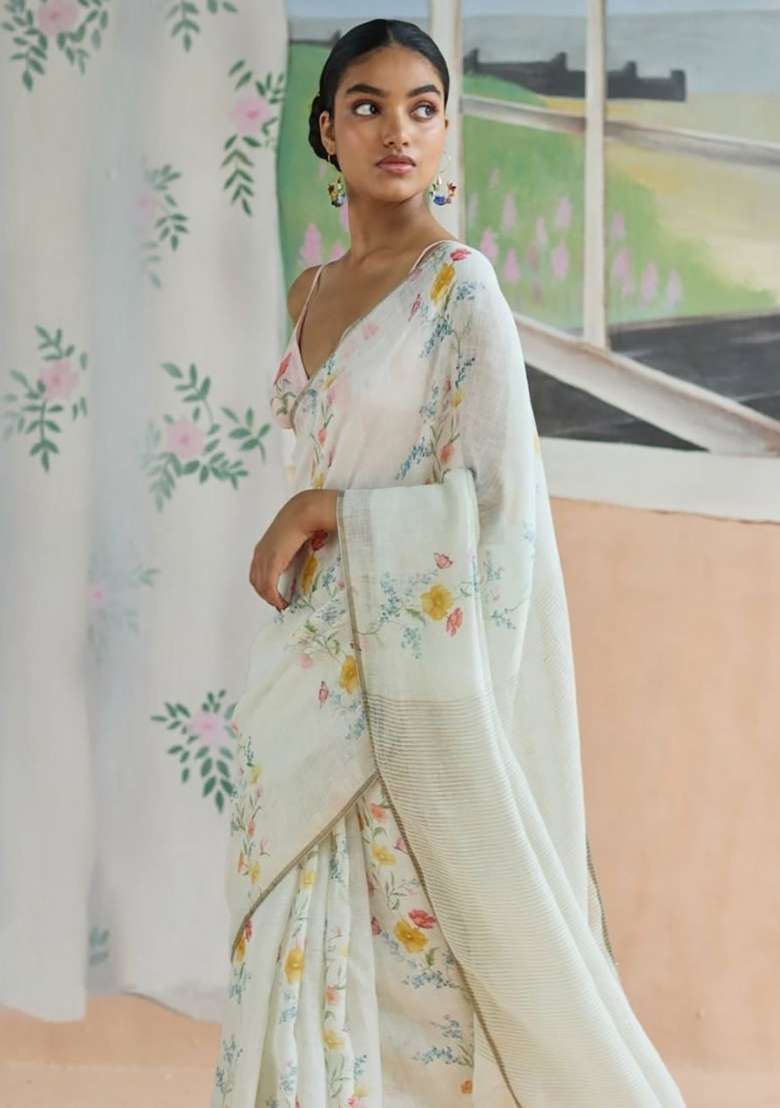 White Floral Print Linen Saree Set - Indya