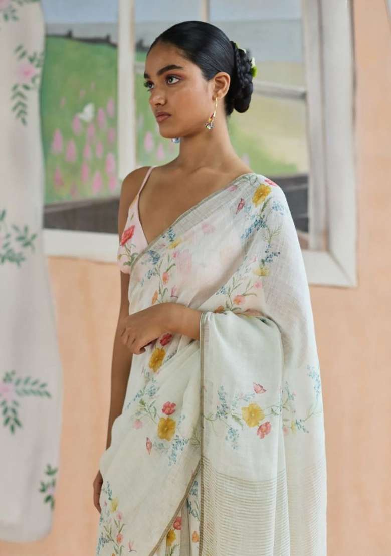 White Floral Print Linen Saree Set - Indya