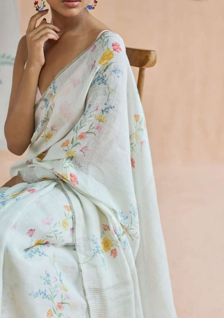 White Floral Print Linen Saree Set - Indya