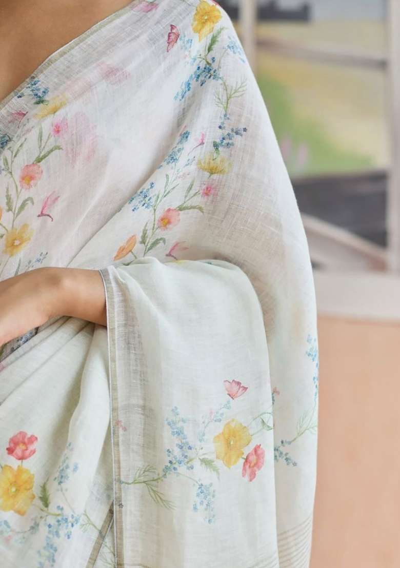 White Floral Print Linen Saree Set - Indya
