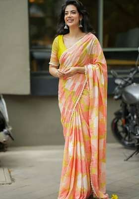Orange Floral Print Linen Saree Set