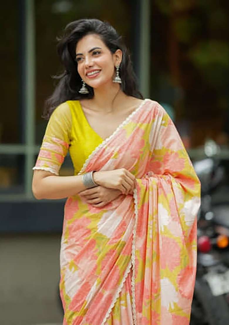 Orange Floral Print Linen Saree Set - Indya