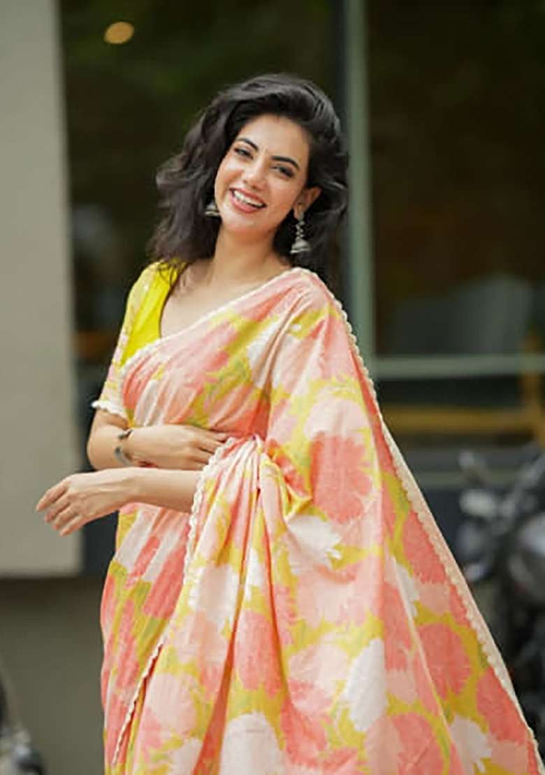 Orange Floral Print Linen Saree Set - Indya