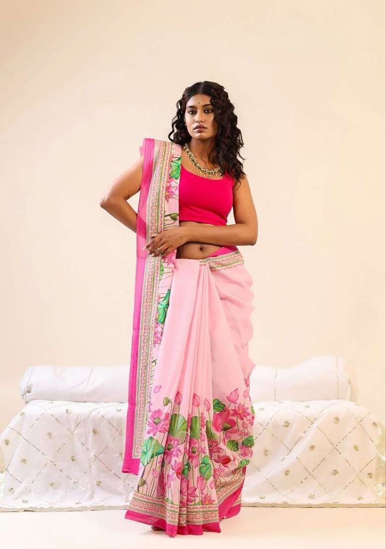 Pink Floral Print Linen Saree Set - Indya