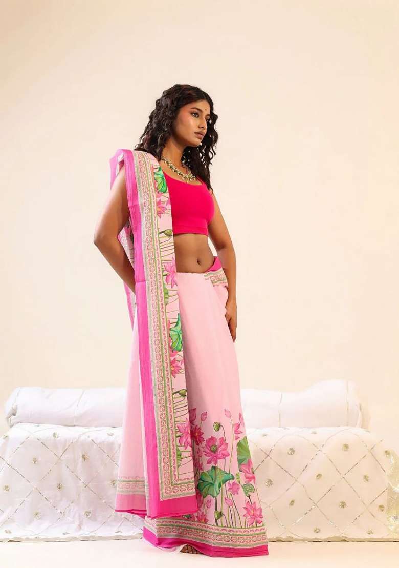 Pink Floral Print Linen Saree Set - Indya