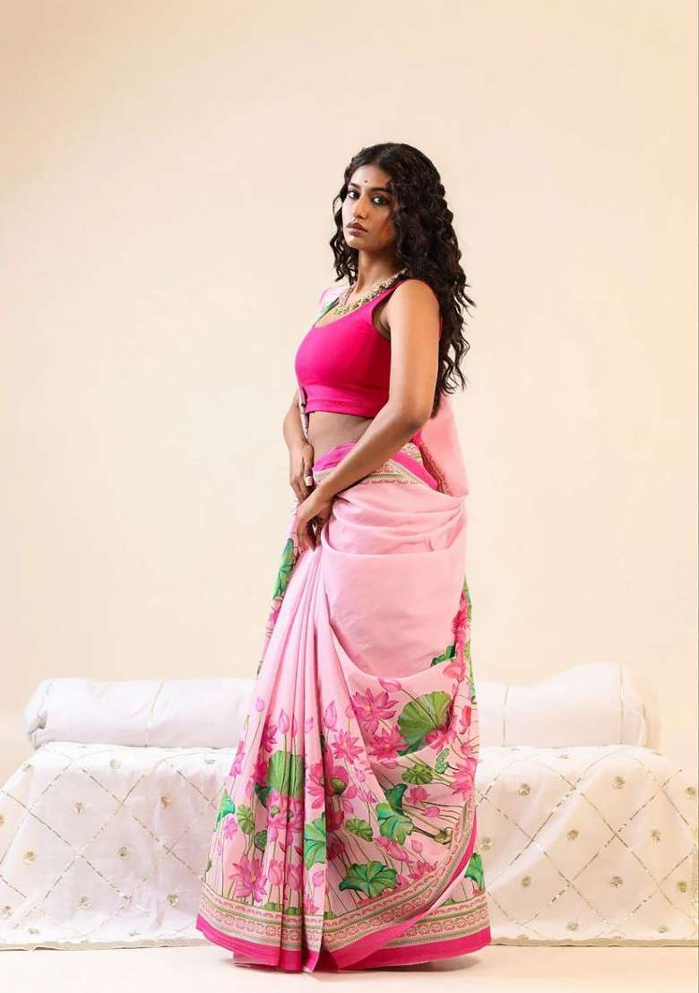 Pink Floral Print Linen Saree Set - Indya