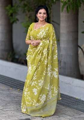 Lime Green Floral Print Linen Saree Set