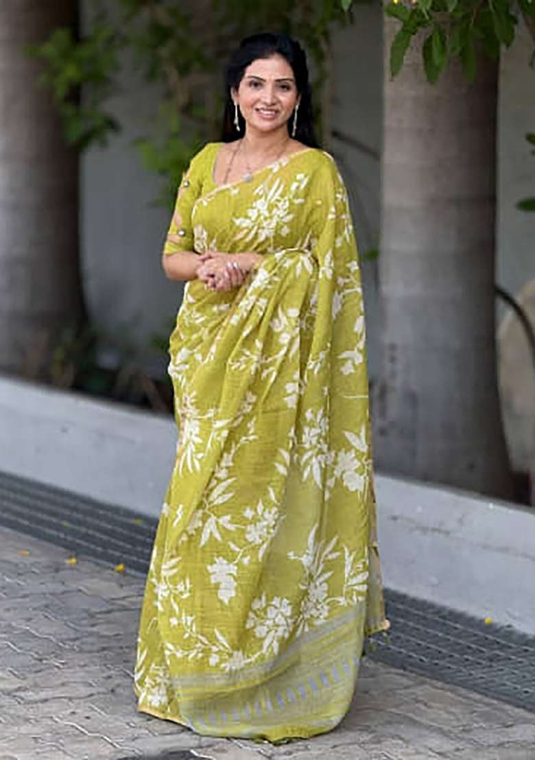Lime Green Floral Print Linen Saree Set - Indya