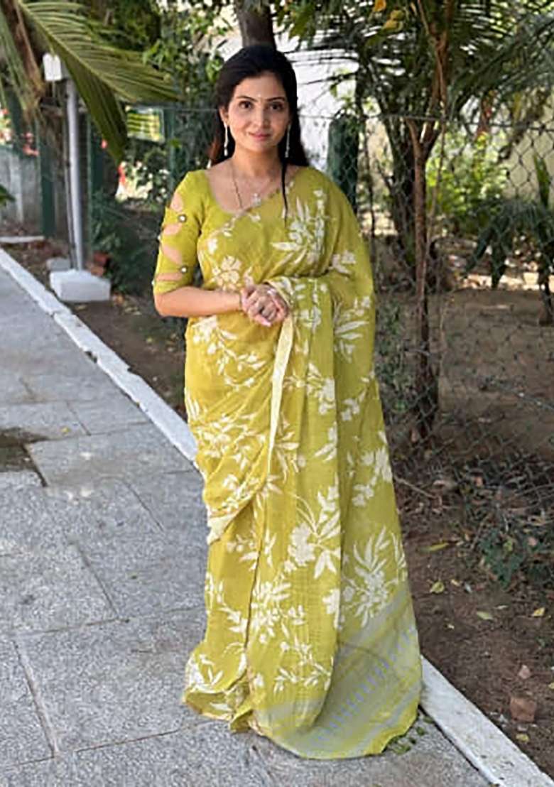 Lime Green Floral Print Linen Saree Set - Indya