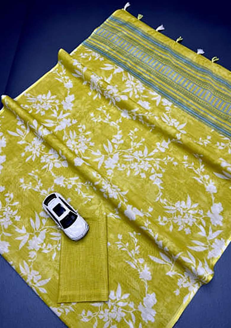 Lime Green Floral Print Linen Saree Set - Indya