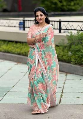 Aqua Blue Floral Print Linen Saree Set