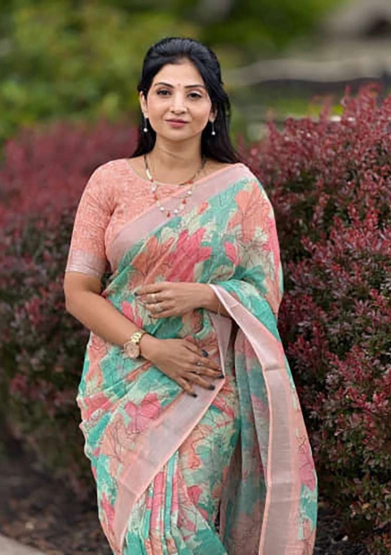 Aqua Blue Floral Print Linen Saree Set - Indya