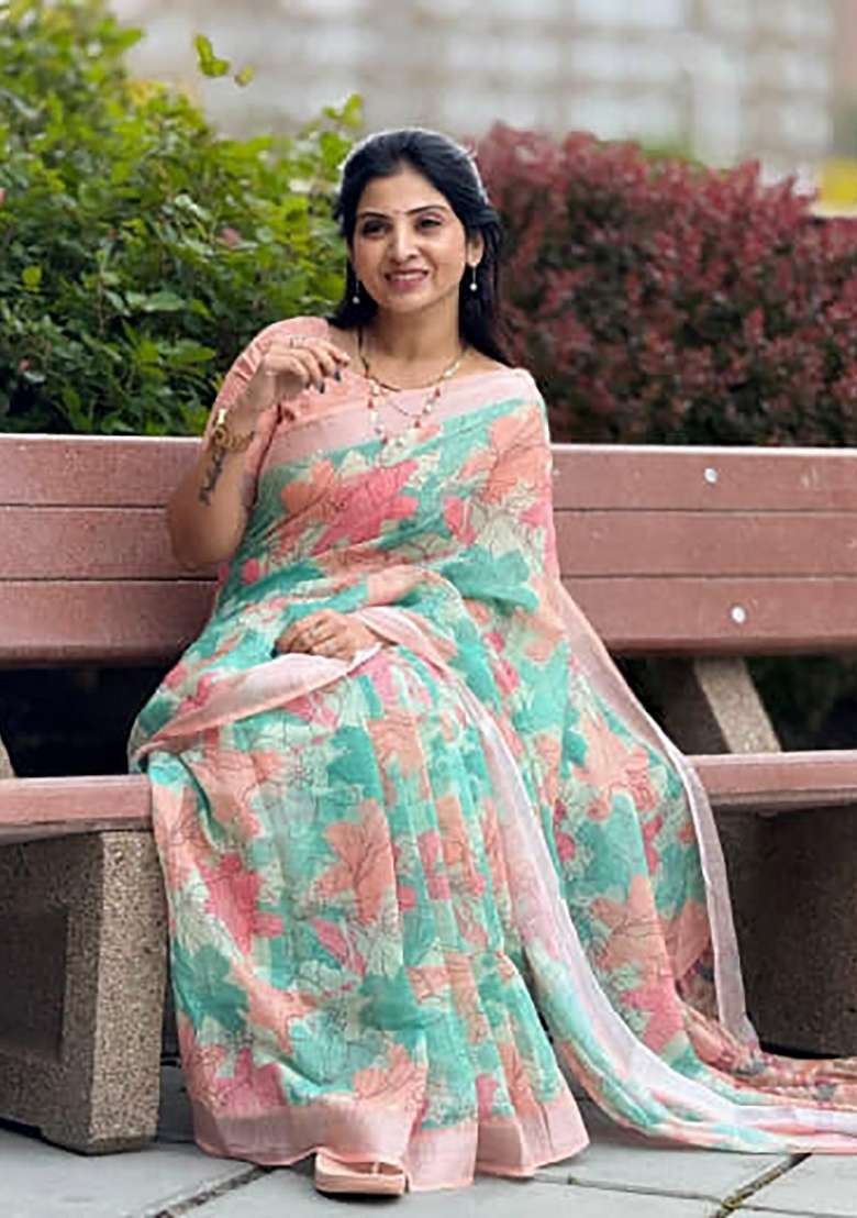 Aqua Blue Floral Print Linen Saree Set - Indya