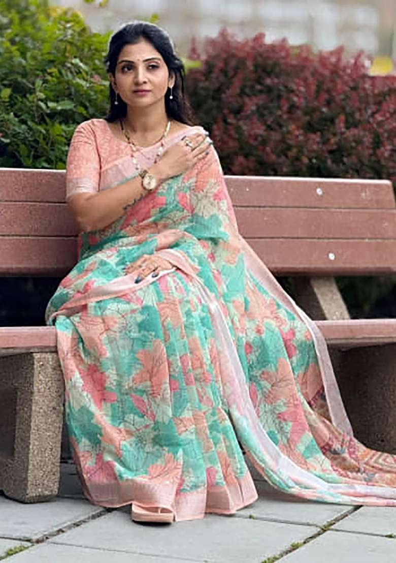 Aqua Blue Floral Print Linen Saree Set - Indya