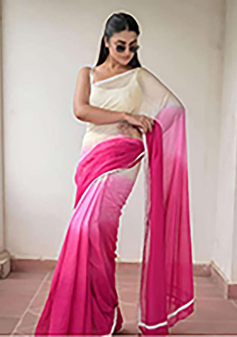 Cream And Pink Plain Linen Saree Set - Indya