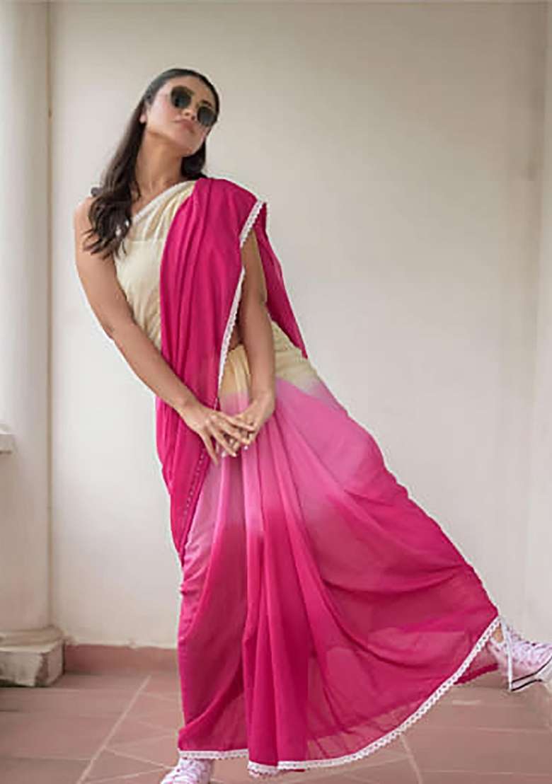 Cream And Pink Plain Linen Saree Set - Indya