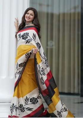 Mustard Floral Print Linen Saree Set