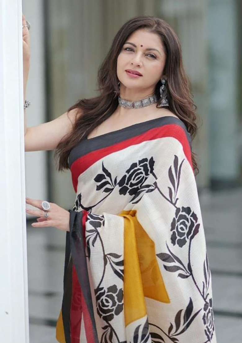 Mustard Floral Print Linen Saree Set - Indya