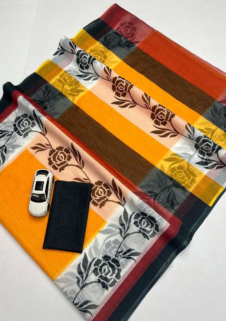 Mustard Floral Print Linen Saree Set - Indya