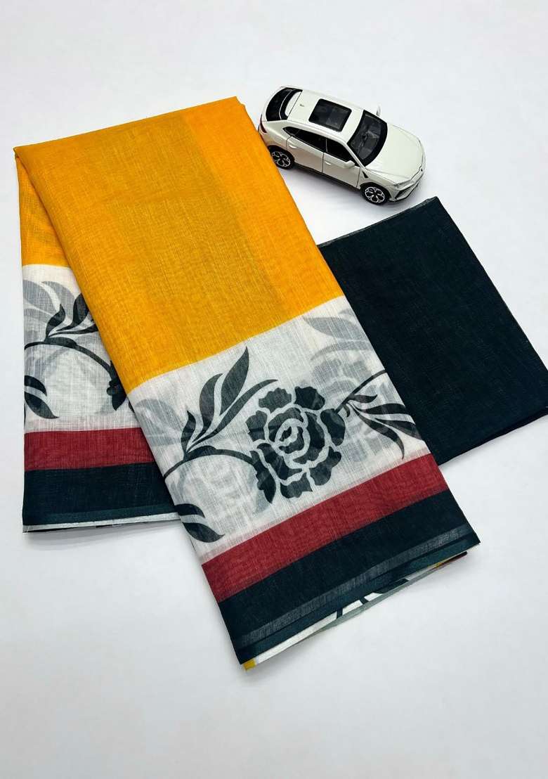 Mustard Floral Print Linen Saree Set - Indya